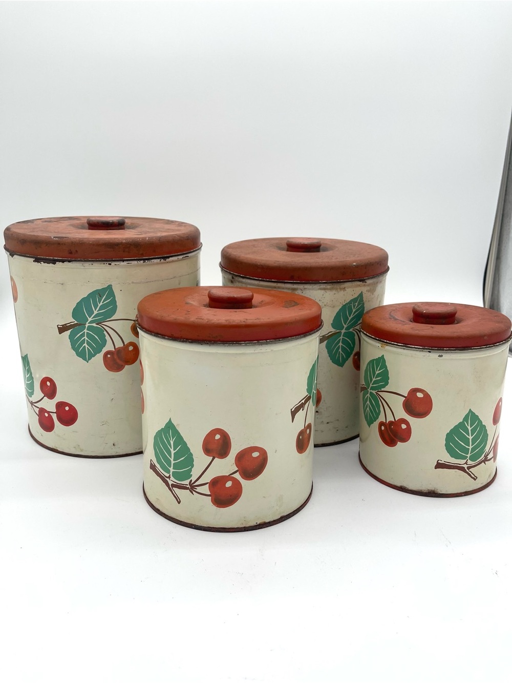 Vintage Metal Decoware Cherry Canisters 4 Piece Cherries  **READ